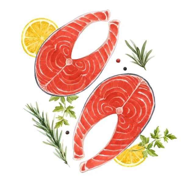 Hermosa ilustración de stock vector con acuarela sabroso filete de pescado de salmón rojo. alimentos saludables . — Archivo Imágenes Vectoriales