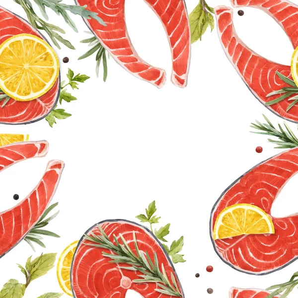 Bella illustrazione stock vettoriale con acquerello gustoso cornice pesce salmone rosso bistecca. cibo sano . — Vettoriale Stock