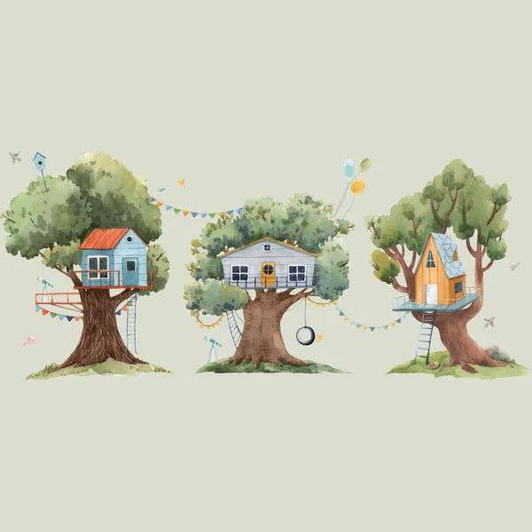 Piękny wektor zestaw z trzema cute akwarela dzieci domki na drzewie. Ilustracja. — Wektor stockowy