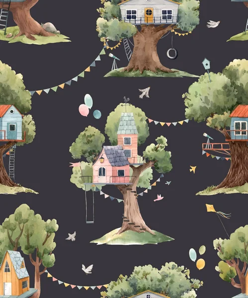 かわいい水彩の子供の木の家と美しいベクトルシームレスパターン。ストックイラスト. — ストックベクタ