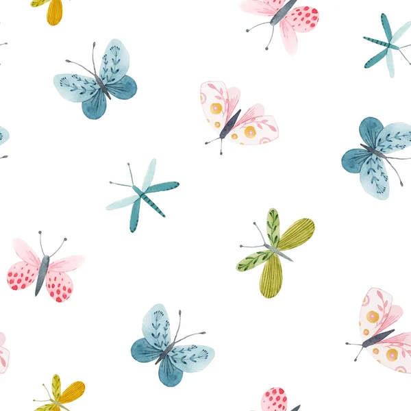 Beautiful seamless pattern with watercolor hand drawn cute butterflies. Stock illustration. — Stock Photo, Image