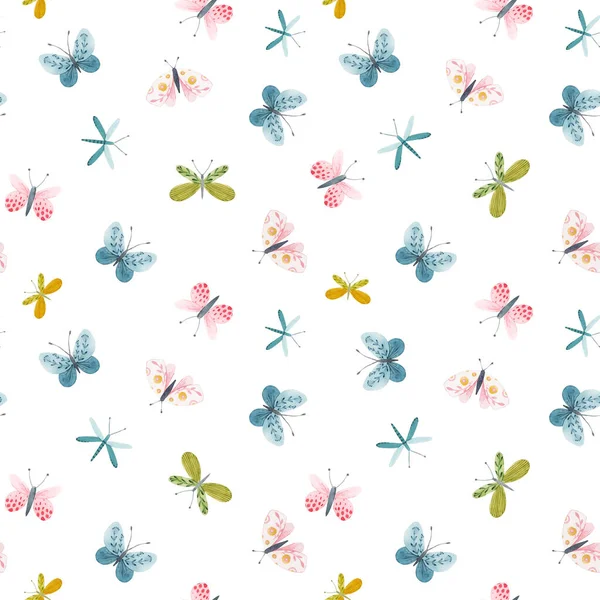 Beautiful seamless pattern with watercolor hand drawn cute butterflies. Stock illustration. — Stock Photo, Image