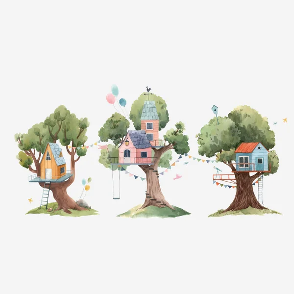 Hermoso conjunto de vectores con tres lindas casas de árboles para niños acuarela. Ilustración general . — Vector de stock