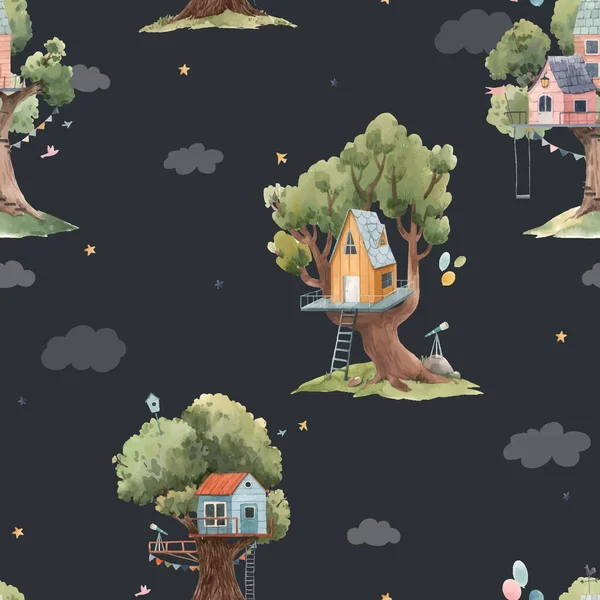かわいい水彩の子供の木の家と美しいベクトルシームレスパターン。ストックイラスト. — ストックベクタ