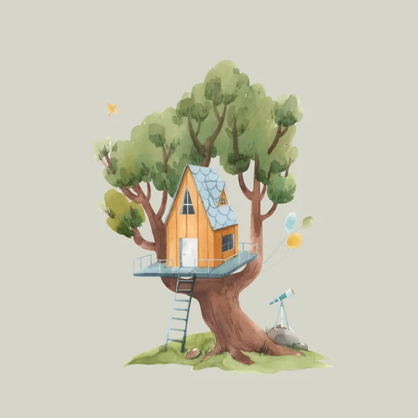 Beautiful vector stock illustration poster with cute watercolor children tree houses. — Stock Vector