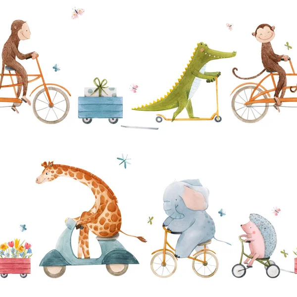 Бесшовный узор для детей с акварелью, нарисованной вручную симпатичными животными в транспорте. Иллюстрация. — стоковое фото