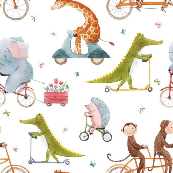 Beautiful seamless pattern for children with watercolor hand drawn cute animals on transport. Stock illustration. — Stock Photo, Image