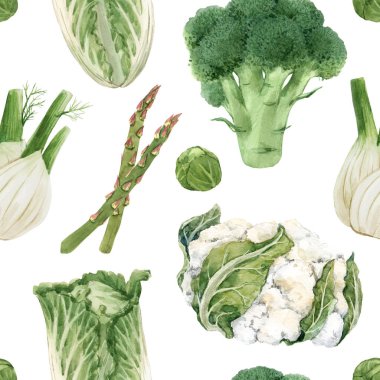 Sulu boyalı elle güzel, pürüzsüz desenli yeşil sebzeler çizilmiş. Stok çizimi. Sağlıklı gıda tablosu.