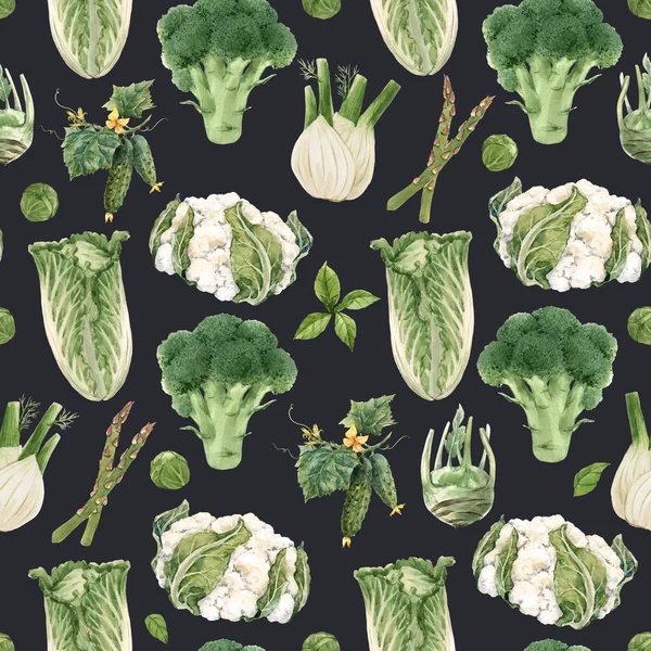 Krásný bezešvý vzor s akvarelem ručně kreslené zelené zeleniny. Objemová ilustrace. Zdravé jídlo malířství. — Stock fotografie