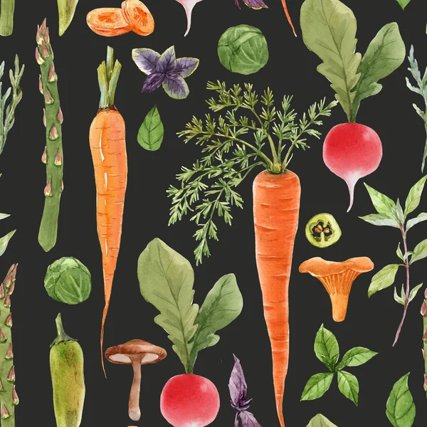 Hermoso patrón sin costura con acuarela verduras dibujadas a mano. Ilustración de stock. Pintura de comida saludable . —  Fotos de Stock