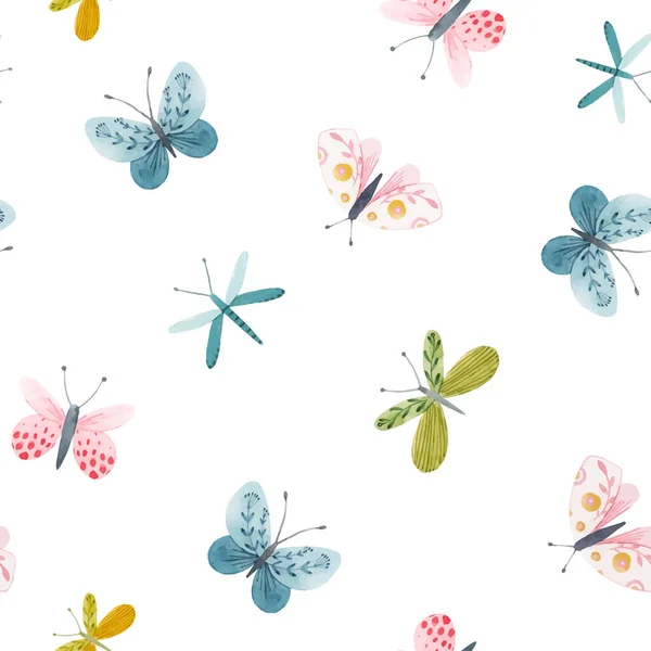 Magnifique motif vectoriel sans couture avec aquarelle dessiné à la main papillons mignons. Illustration de stock . — Image vectorielle