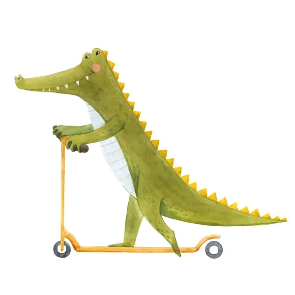 Vacker vektor stock illustration med söt akvarell krokodil på skoter. Baby alligator handritad målning. — Stock vektor