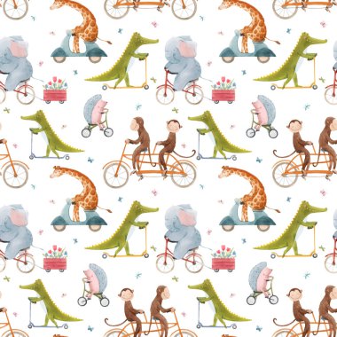 Elleri suluboya olan çocuklar için güzel vektörsüz desen taşınırken sevimli hayvanlar çizilmiş. Stok illüstrasyonu.