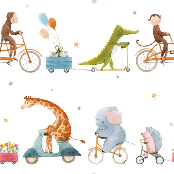 Piękny wektor bezszwowy wzór dla dzieci z akwarelą ręcznie rysowane słodkie zwierzęta na transport. Ilustracja. — Wektor stockowy