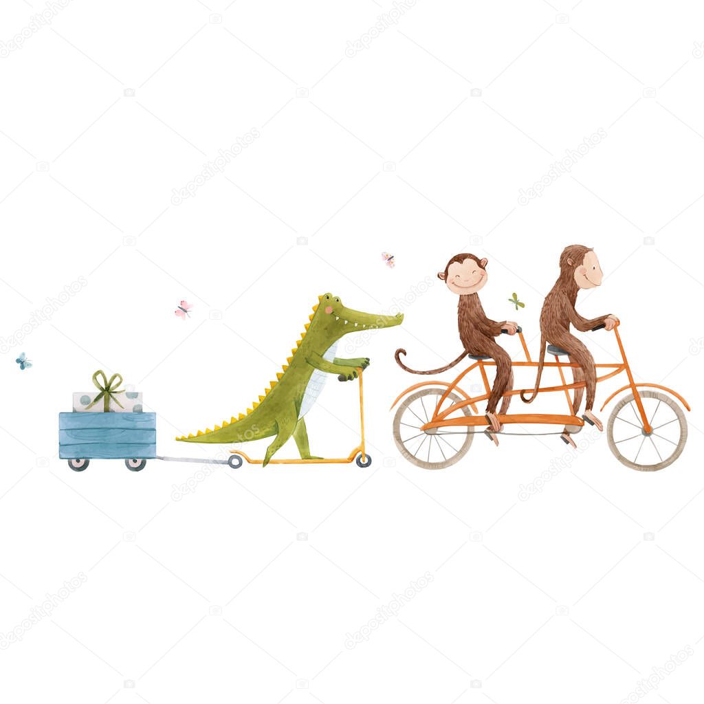 Beautiful vector stock illustration with watercolor hand drawn cute animals on transport.