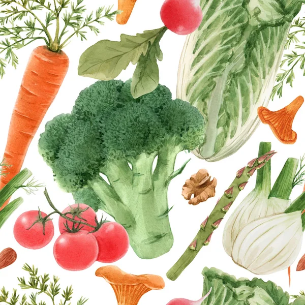 Indah pola mulus dengan cat air tangan gambar sayuran. Ilustrasi saham. Lukisan makanan sehat. — Stok Foto
