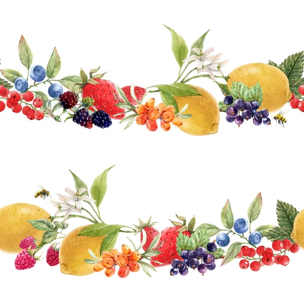 Beautiful seamless berry pattern with watercolor hand drawn fruits paintings. Stock illustration. — Stock Photo, Image