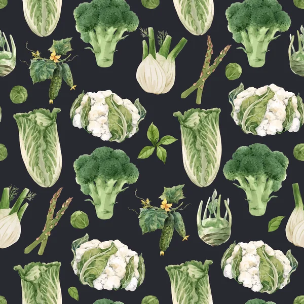 Schöne Vektor nahtlose Muster mit Aquarell handgezeichnet grünem Gemüse. Archivbild. Gesunde Ernährung. — Stockvektor