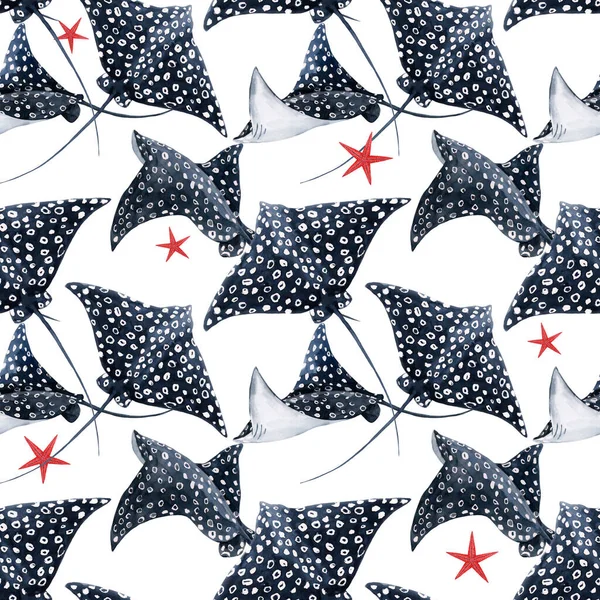 Beautiful seamless pattern with watercolor hand drawn ramp fish. Stock illustration. — Stock Photo, Image