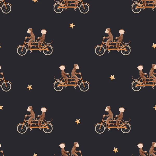 Schöne nahtlose Muster mit Aquarell handgezeichneten Affen auf Fahrrädern. Tierbabys auf Lager. — Stockfoto