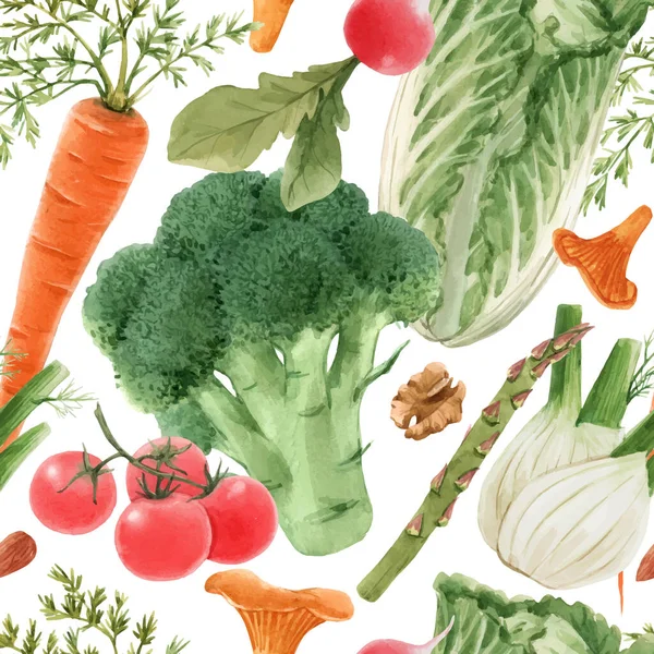 水彩手描き野菜と美しいベクトルシームレスパターン。ストックイラスト。健康食画. — ストックベクタ