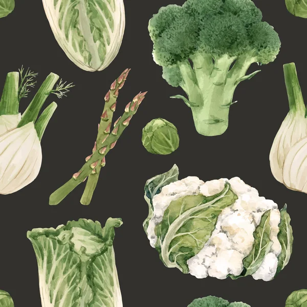 Hermoso vector patrón sin costuras con acuarela dibujado a mano verduras verdes. Ilustración de stock. Pintura de comida saludable . — Vector de stock