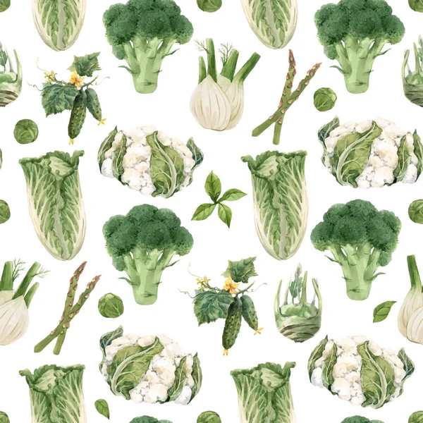 水彩手描きの緑の野菜と美しいベクトルシームレスパターン。ストックイラスト。健康食画. — ストックベクタ