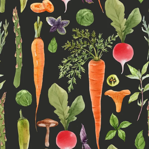 Vacker vektor sömlöst mönster med akvarell handritade grönsaker. Lagerillustration. Hälsosam målning. — Stock vektor