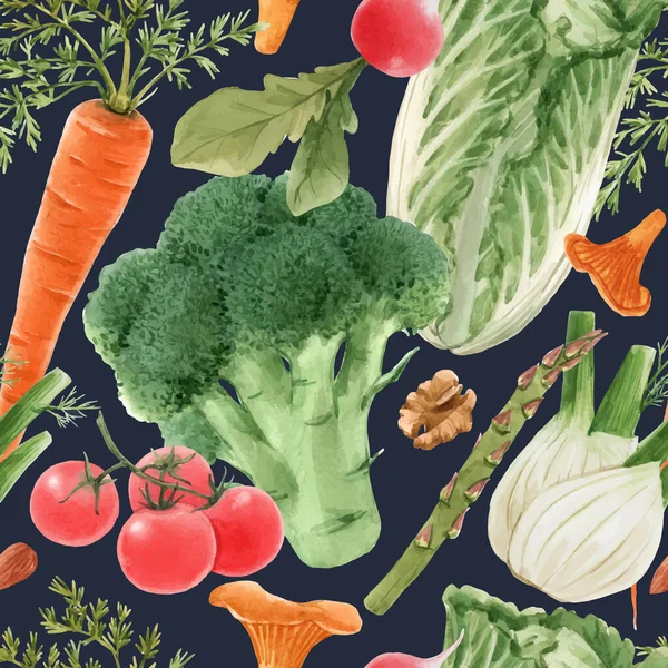 Padrão sem costura vetor bonito com aquarela mão desenhado legumes. Ilustração de estoque. Pintura alimentar saudável . — Vetor de Stock