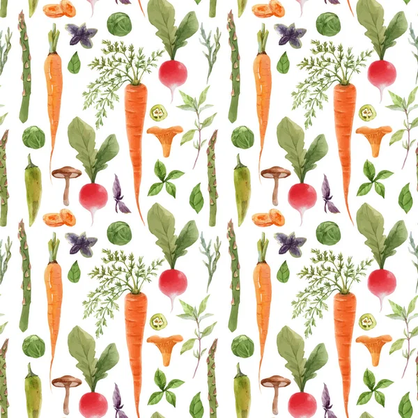 Vacker vektor sömlöst mönster med akvarell handritade grönsaker. Lagerillustration. Hälsosam målning. — Stock vektor