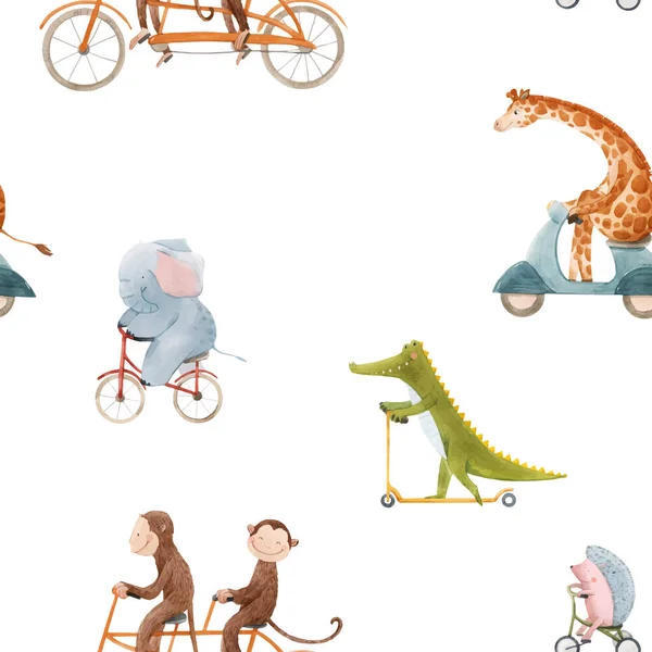 Mooie vector naadloos patroon voor kinderen met aquarel hand getekend schattige dieren op transport. Voorraadillustratie. — Stockvector