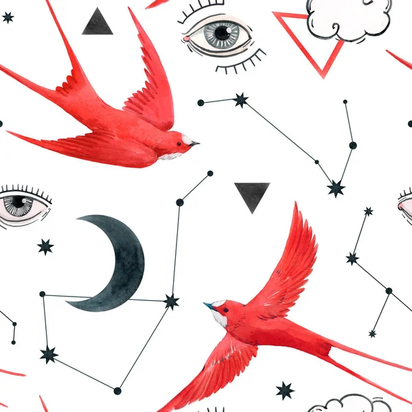 Όμορφη απρόσκοπτη μοτίβο με υδρόχρωμα πουλιά, φεγγάρια και τα μάτια. Εικονογράφηση αποθέματος. — Φωτογραφία Αρχείου