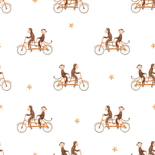 Beau motif sans couture avec aquarelle dessiné à la main singe sur les vélos. Illustration de bébé animal stock . — Image vectorielle