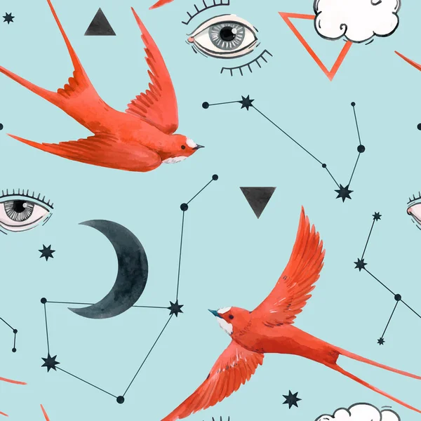 Suluboya kuşları, uyduları ve gözleri olan mükemmel bir vektör deseni var. Stok illüstrasyonu. — Stok Vektör