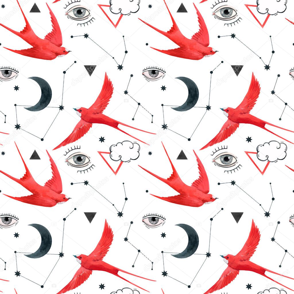 Beautiful vector seamless pattern with watercolor birds, moons and eyes. Stock illustration.