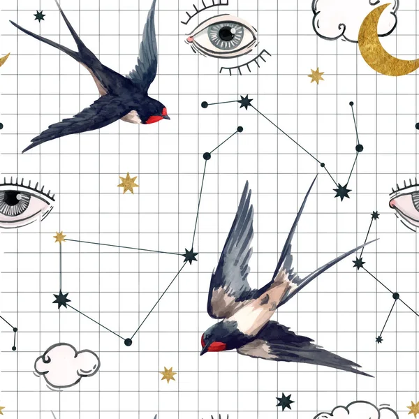 Magnifique motif vectoriel sans couture avec des oiseaux aquarelles, lunes et yeux. Illustration de stock . — Image vectorielle