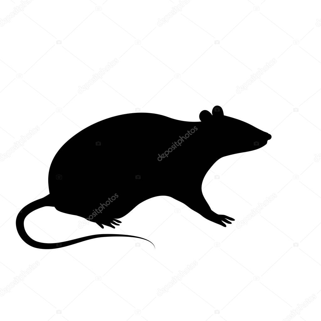 The black silhouette of a rat or mouse is sitting with a tail, paws and ears on a white background