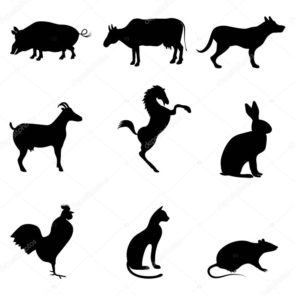 A set of black silhouettes of domestic, as well as agricultural animals. Drawn on white background goat, rabbit, horse, dog, rooster, cat, rat or mouse, pig, cow