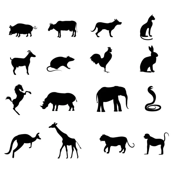 Set of sixteen black animal silhouettes. — Stock Vector