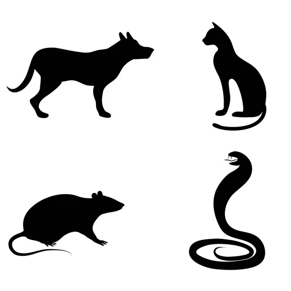 Satu set siluet hewan. Seekor anjing, kucing, kobra atau ular, - Stok Vektor