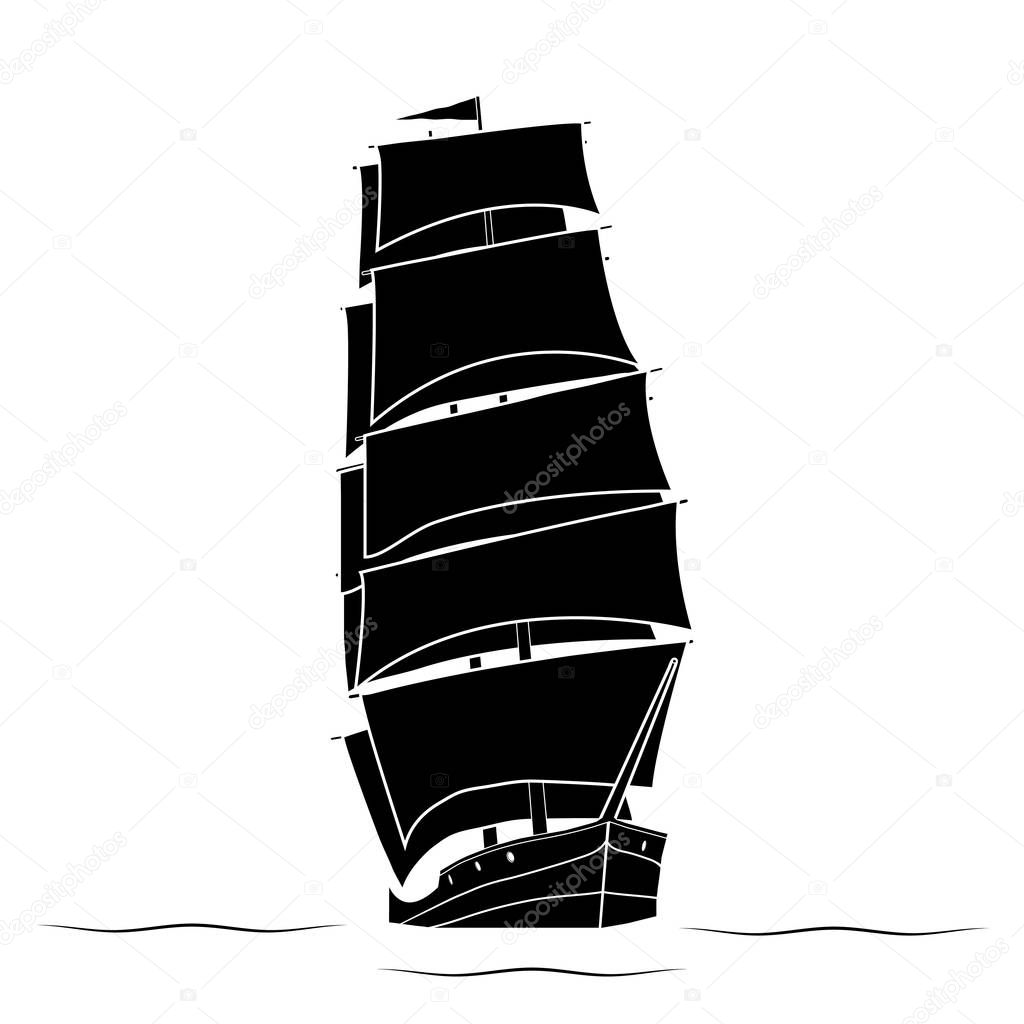 Black silhouette Ship of a two-masted sailboat floating on the w