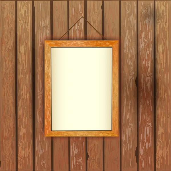 Pared de madera vieja con una imagen en el marco con un backgro blanco — Vector de stock