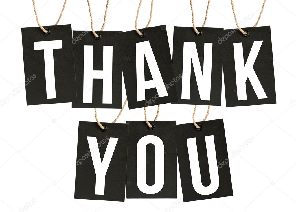 THANK YOU Word on Black Tags Isolated on White Background