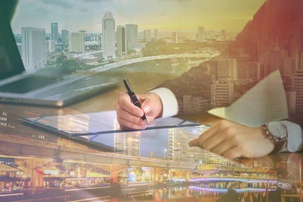 Double exposure of businessman and cityscape - Business concept — Stock Photo, Image