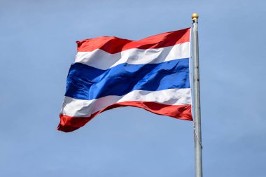 Mavi gökyüzü adam ile Tayland bayrağı sallayarak