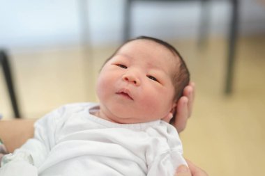 two day old asian baby boy in the comfort of moms arms, newborn clipart
