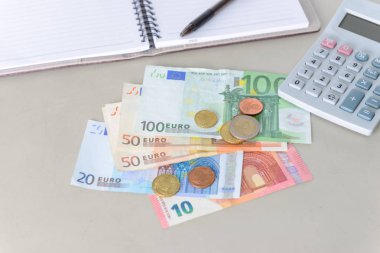 Euro para banknot ve madeni paralar hesap makinesi, not defteri ve kalem ile masaya sayma