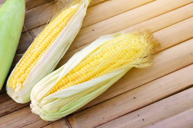 Taze mısır koçanı kopya alanı ile ahşap rustik üzerinde üzerinde yukarıdan