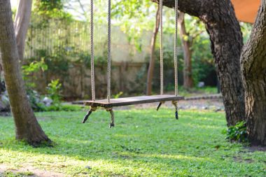 bahçede güneş ışığı ile büyük bir ağaca asılı boş ahşap salıncak