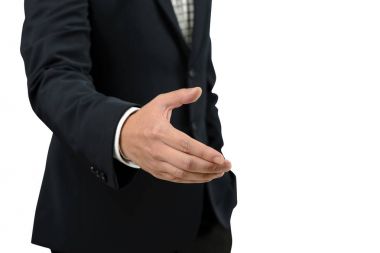 İşadamı açmak için kırpma yolu ile beyaz arka plan üzerinde izole ortağı ile anlaşma yapmak el sıkışma el